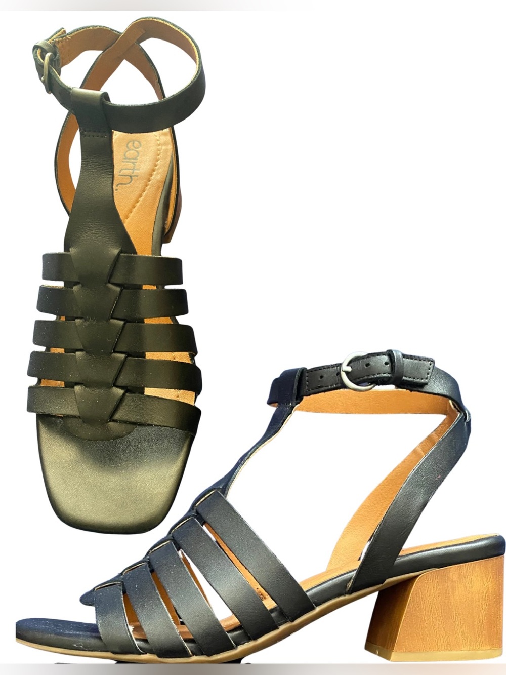Earth Origins Black Strappy Block Heel Sandals | 8.5